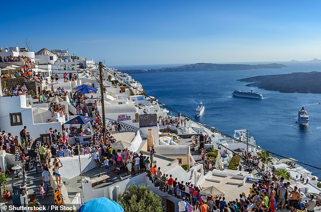 Santorini's population swells from 15,000 to two million during the summer, with swarms of tourists lining the island's narrow streets