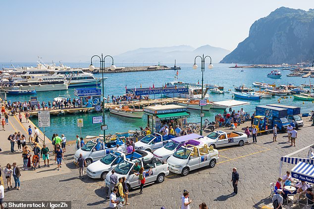 To help with the excess of tourists, authorities have doubled the entry fee to Capri from ¿2.50 (£2.11/$2.70) to ¿5 (£4.23/$5.40). Above - the island's marina and ferry port