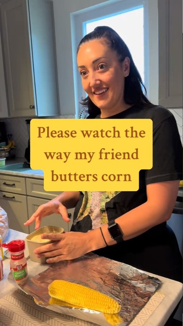 An unidentified friend of TikTok user Ricki Sanchez buttered corn on the cob with her hands, which shocked others in the room with her