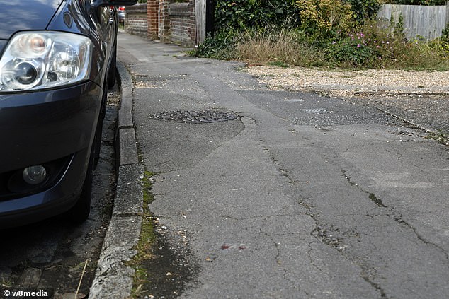 Ms Smart said the council's behaviour was 'absolutely' ridiculous and said she and her neighbours were being punished for something that is 'not our fault'. Pictured, the pavement they would have to mount to reach their drives