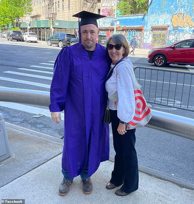 Kenneth Ferraro, now 46, changed his life drastically in hopes of landing a better job after going back to school at the age of 40 (pictured: Ferraro and his mother at his NYU graduation)