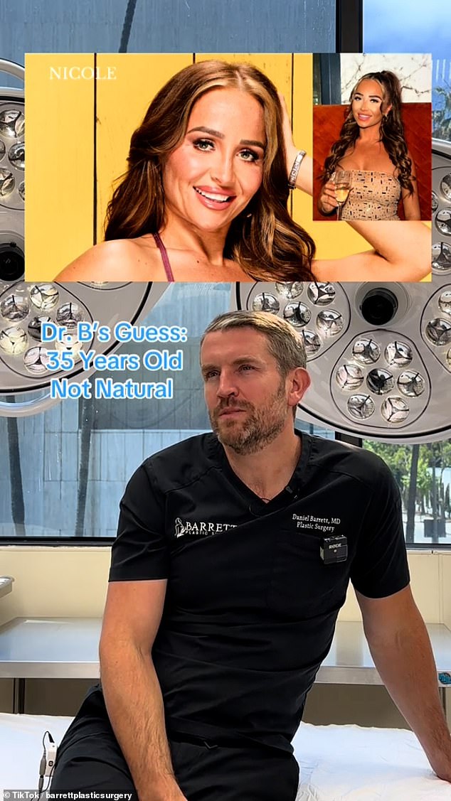 Dr Daniel Barrett, a Beverly Hills plastic surgeon was asked to guess if they were 'natural' or not and predict their ages in a video posted to TikTok. He thought Nicole was 35 and that she had 'a little filler' and Botox