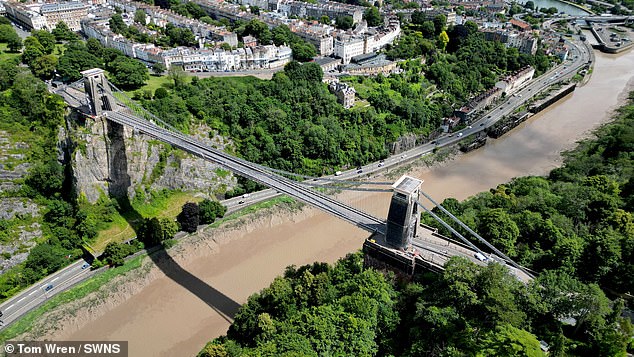 An aerial view of a forensic tent on the Clifton Suspension Bridge today