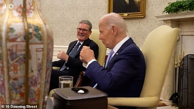 He met new British Prime Minister Sir Keir Starmer earlier. Starmer later said the president was 'on good form' when asked about his health and fitness