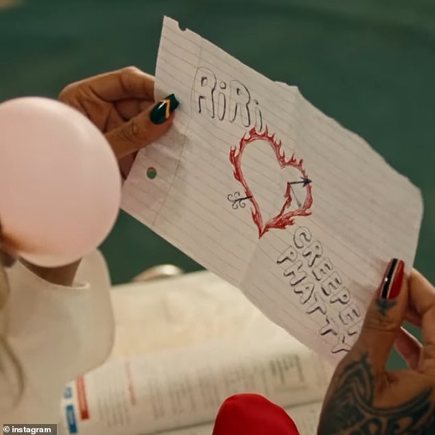 Rihanna was the last to receive the handwritten note on a piece of lined paper and opened it to reveal 'Riri Creeper Phatty' written inside along with a fiery, red heart