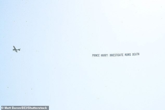 Hours before the event began, a small aircraft flew a mysterious message aimed at Prince Harry overhead, cryptically urging him to 'investigate Mumis death'