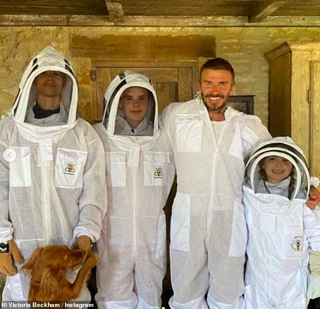 Another snap shows David being joined by his three youngest children to tend the bees