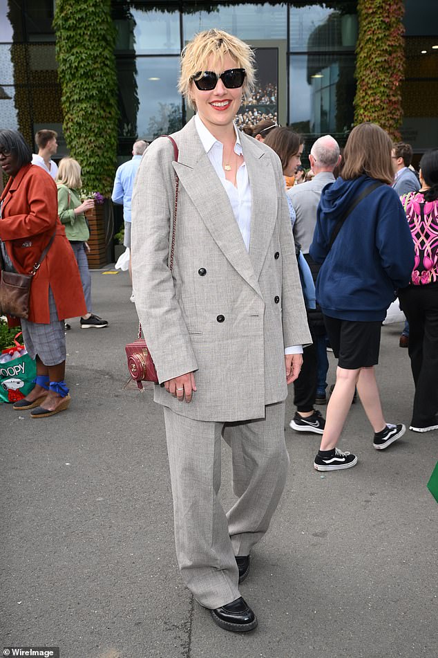 Greta Gerwig opted for an oversized linen suit and Chanel handbag