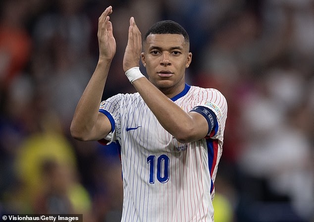 After their win, France progressed to the semi-finals but lost 2-1 to Spain who will face England in the Euros 2024 finals on Sunday (pictured: France's Kylian Mbappe)