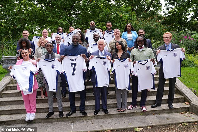 Earlier this week, although the King was clearly pleased with the run the Three Lions are on, he couldn't help jokingly asking them to get the job done more calmly. Pictured today in a group photo