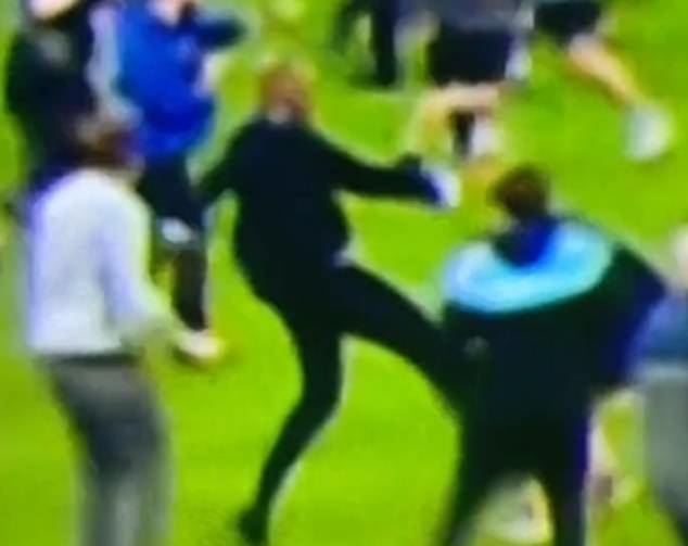 Vieira lost his cool after being confronted and goaded by an Everton fan who invaded the field