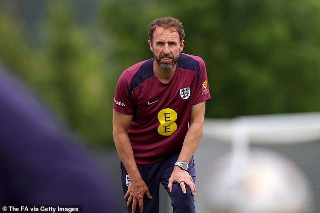 England manager Gareth Southgate pictured observing a team training session on Friday