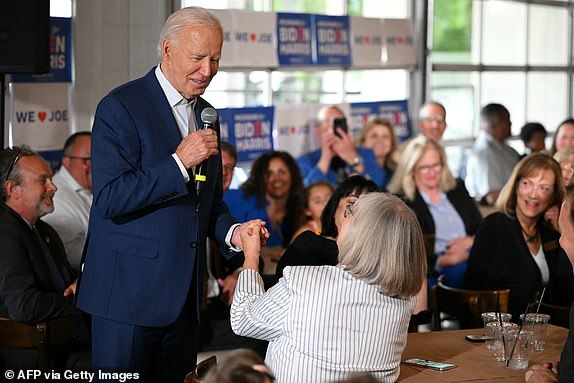 US President Joe Biden speaks during a stop at the Garage Grill & Fuel Bar in Northville, Michigan, ahead of a campaign event in Detroit on July 12, 2024. (Photo by Mandel NGAN / AFP) (Photo by MANDEL NGAN/AFP via Getty Images)