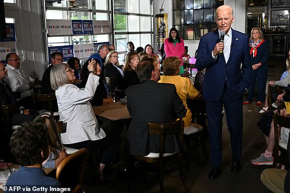 US President Joe Biden speaks during a stop at the Garage Grill & Fuel Bar in Northville, Michigan, ahead of a campaign event in Detroit on July 12, 2024. (Photo by Mandel NGAN / AFP) (Photo by MANDEL NGAN/AFP via Getty Images)