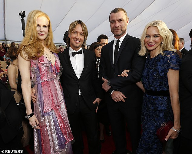 This is the first time Kidman and Schreiber have worked together, and he previously was the partner of Nicole's bestie Naomi Watts from 2005 - 2016. (Pictured: Nicole and her husband Keith Urban with Naomi and Liev in 2016)