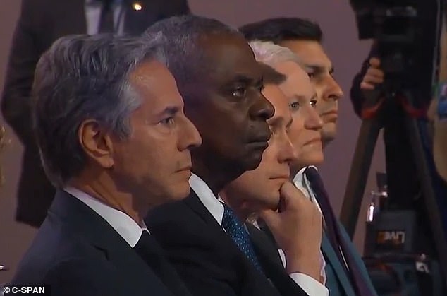 Secretary of State Antony Blinken (left), defense secretary Lloyd Austin and National Security Advisor Jake Sullivan struggled to contain their reactions at a Biden flub