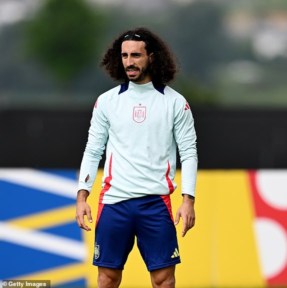 DONAUESCHINGEN, GERMANY - JULY 13: Marc Cucurella of Spain looks on during the Spain Training session ahead of the UEFA EURO 2024 final match between Spain and England on July 13, 2024 in Donaueschingen, Germany. (Photo by Christian Kaspar-Bartke/Getty Images)