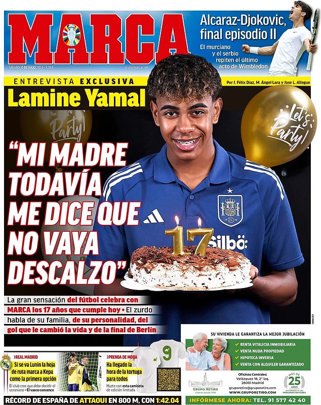 Marca's Yamal headline quote translates as 'My mother tells me not to go barefoot!'