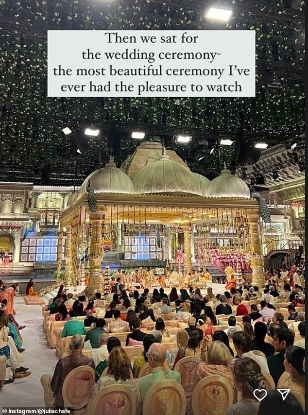 Influencer Julia Hackman Chafe has given the internet a glimpse inside the lavish wedding of Anant Ambani and Radhika Merchant (pictured is the ceremony)