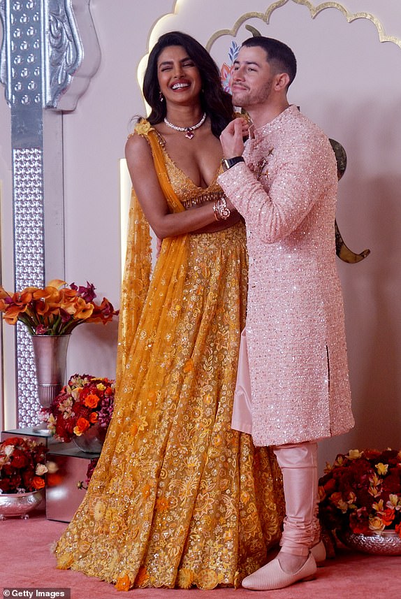 MUMBAI, INDIA - JULY 12 :  Priyanka Chopra and Nick Jonas attend the Lagna Vidhi of the wedding of Anant Ambani and Radhika Merchant on July 12, 2024 in Mumbai, India. (Photo by Prodip Guha/Getty Images)