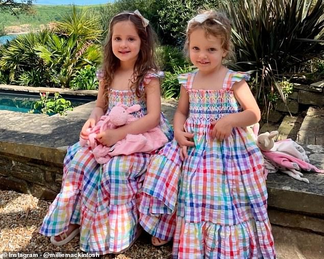 Millie, previously married to English rapper Professor Green, has two children, both with Hugo. Daughters Sienna, four, and Aurelia, who will be three in November (both pictured in June)