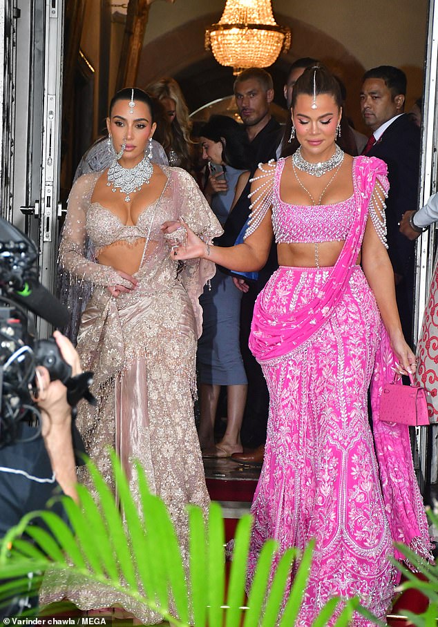 The reality star dazzled in a traditional lehenga skirt adorned with intricate beaded detailing, while Khloe stunned in a dramatic pink ensemble