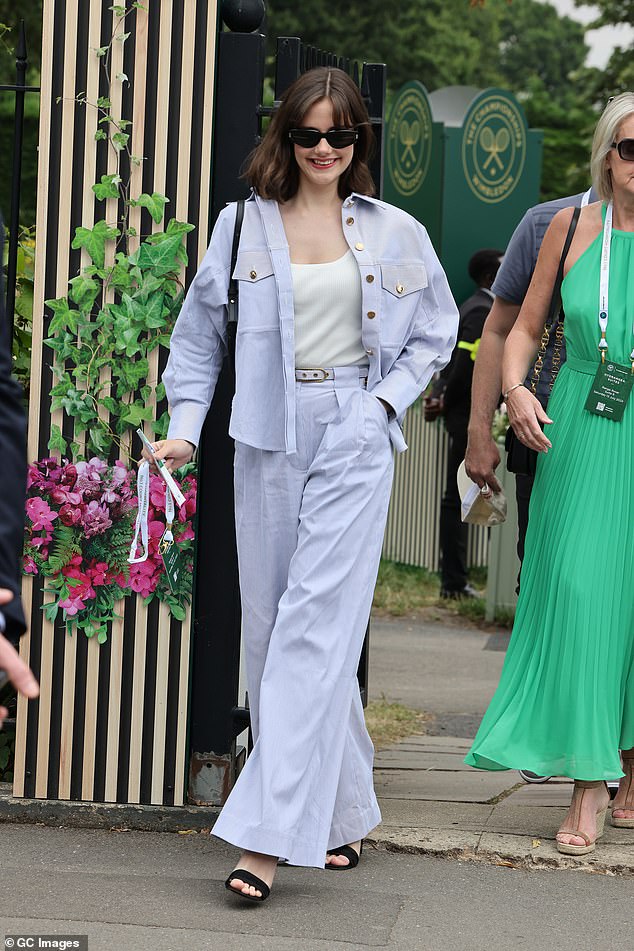 The Crown actress Meg Bellamy attends day thirteen of the Wimbledon Tennis Championships