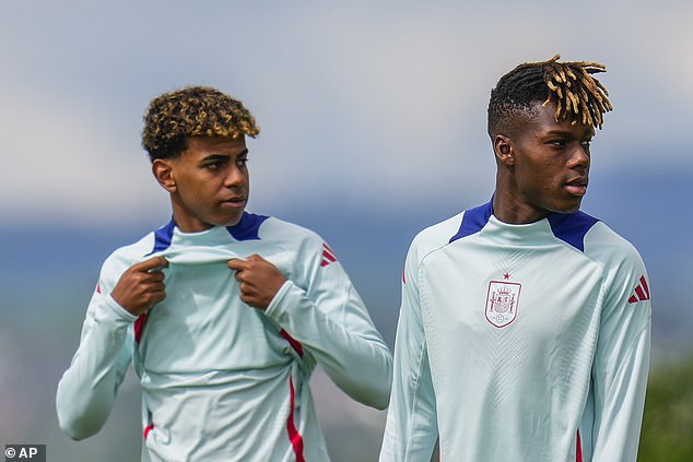 He described Lamine Yamal (left) and Nico Williams (right) as 'unbelievable' but didn't want to focus on the pair alone, with Spain boasting a myriad of talented stars across their squad