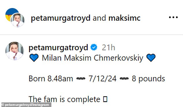 'Milan Maksim Chmerkovskiy,' the caption read. 'Born 8.48am ¿¿ 7/12/24 ¿¿ 8 pounds'