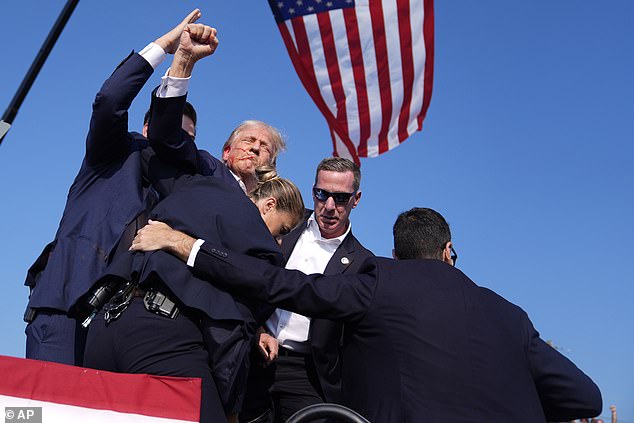 Donald Trump is seen with his fist in the air under a Stars and Stripes flag after Saturday's shooting in Butler, Pennsylvania, where the president was injured, with the shooter and a bystander both killed