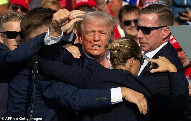 Trump raises his fist the crowd. Members of the audience chanted 'USA, USA" as they realized he was safe