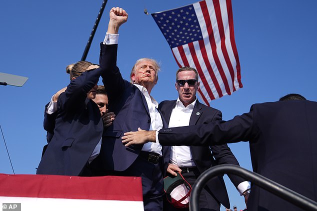 Trump raises his fist below the American flag, with blood across his face, moments after the shooting