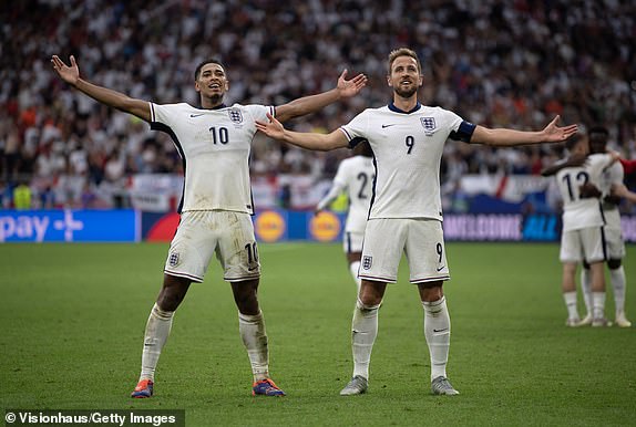 GELSENKIRCHEN, GERMANY - JUNE 30: Jude Bellingham and Harry Kane of England celebrate the goal by Bellingham during the UEFA EURO 2024 round of 16 match between England and Slovakia at Arena AufSchalke on June 30, 2024 in Gelsenkirchen, Germany. (Photo by Visionhaus/Getty Images)