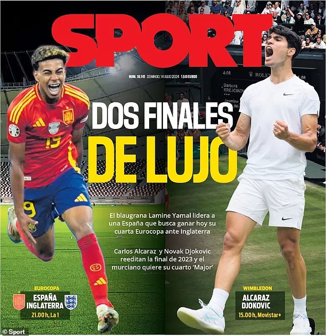 Sport gave the Euro 2024 final equal billing with Carlos Alcaraz, with both the tennis star and Spain bidding to win their fourth titles