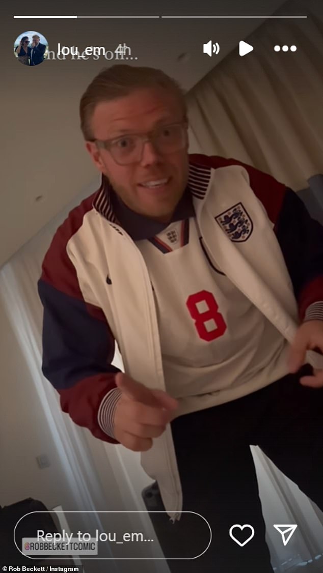 His wife Louise Watts shared a video of Rob wearing an England football top and asked where he was going, to which he replied: 'I'm going to the football, but I've got to be quiet because the kids are asleep. See you tomorrow!'