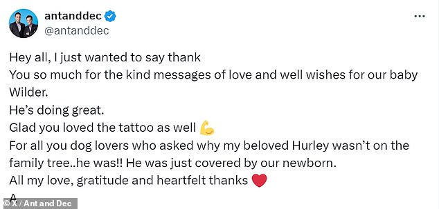 Ant wrote: 'Glad you loved the tattoo as well. For all you dog lovers who asked why my beloved Hurley wasn¿t on the family tree..he was!! He was just covered by our newborn'