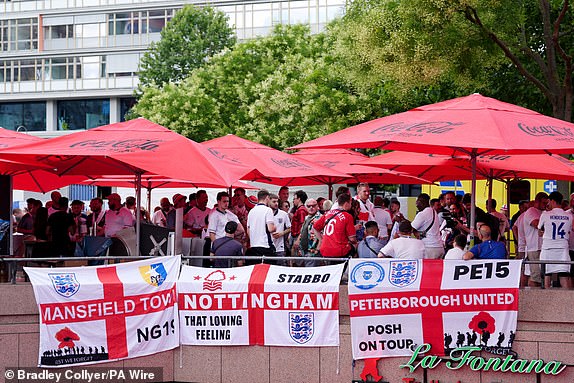 England fans at Breitscheidplatz in Berlin, Germany, ahead of the UEFA Euro 2024 final between Spain and England later today. Picture date: Sunday July 14, 2024. PA Photo. See PA Story SOCCER England. Photo credit should read: Bradley Collyer/PA Wire.RESTRICTIONS: Use subject to restrictions. Editorial use only, no commercial use without prior consent from rights holder.