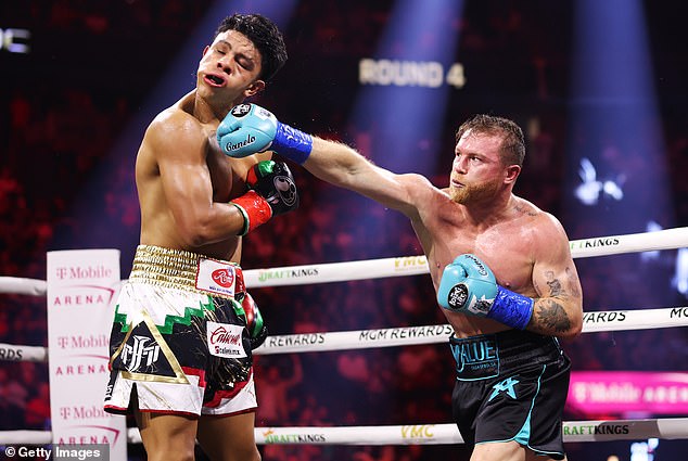 Canelo Alvarez lands a punch on Jaime Munguia during his May 4 win in Las Vegas