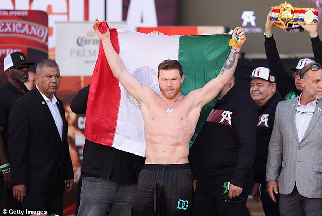 Canelo Alvarez poses on stage during his official weigh-in at Toshiba Plaza on May 3