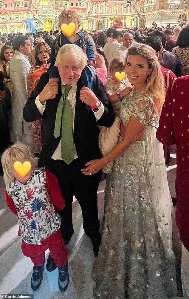 Carrie and  Boris Johnson attended the wedding of Anant Ambani and Radhika Merchant with their three children