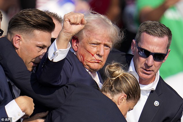 Trump emerged from the cover of the suited agents and raised a fist, shouting: 'Fight, fight, fight'