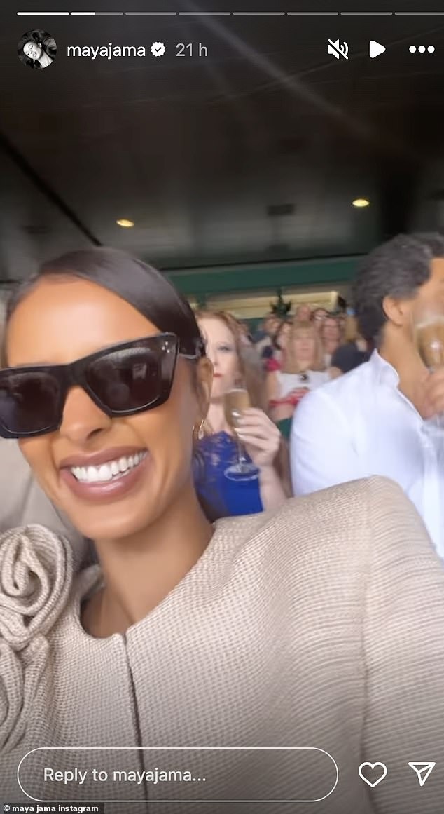 The Love Island host, 29, appeared in her highest spirits as she couldn't stop smiling and giggling while at the All England Lawn Tennis and Croquet Club