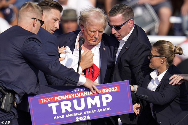 Donald Trump is helped off stage by the Secret Service after being shot at a campaign rally