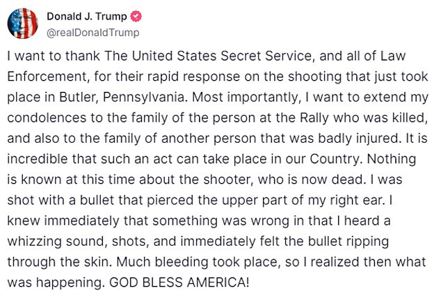 In a post to Truth Social, Trump said his thoughts are with the family of the rally attendee who was killed as he offered details of the shooting