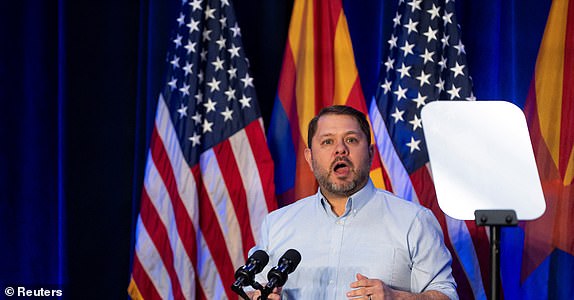 Arizona Democratic candidate for Senate and U.S. Rep. Ruben Gallego speaks following Tuesday's ruling from Arizona's high court upholding a 160-year-old abortion ban, at an event in Tucson, Arizona, U.S., April 12, 2024.   REUTERS/Rebecca Noble