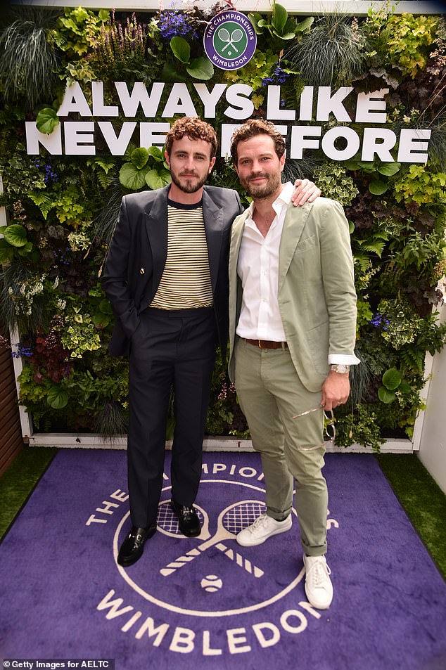 Jamie Dornan looked stylish in a pistachio suit as he posed with pal and fellow actor Paul Mescal while attending day 14 of Wimbledon at the All England Lawn Tennis and Croquet Club in south-west London on Sunday