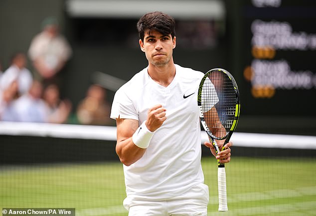 Carlos Alcaraz celebrates ahead of easing to win the first set 6-2 in the Wimbledon men's final against Novak Djokovic