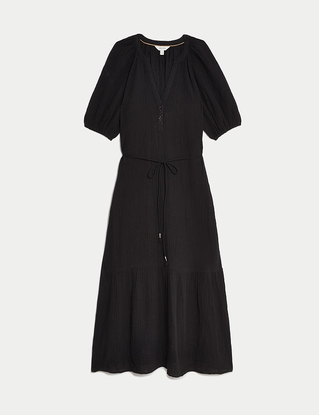 Marks and Spencer¿s easy textured black tiered dress (£45) has a softly cinched tie waist