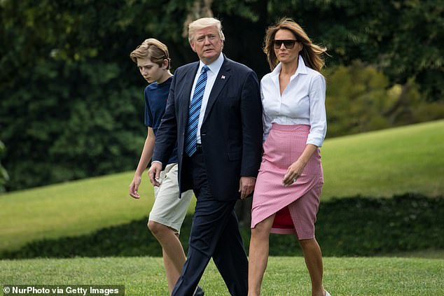 Former President Trump with Melania Trump and Barron in 2017 while he was serving as president. In her statement on Sunday, the former first lady wrote 'thank you for remembering that every single politician is a man or a woman with a loving family'