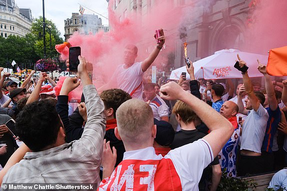 Mandatory Credit: Photo by Matthew Chattle/Shutterstock (14586149h) England fans in central London ahead of the final with Spain. Euro 24, England fans, London, UK. - 14 Jul 2024.